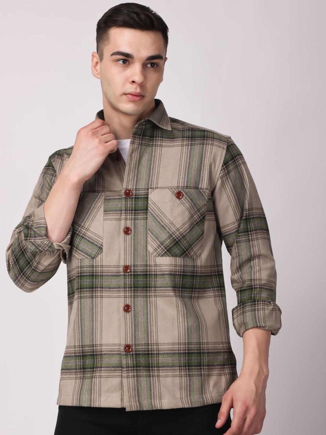 

Stylox Slim Fit Tartan Checks Cotton Casual Shirt, Beige