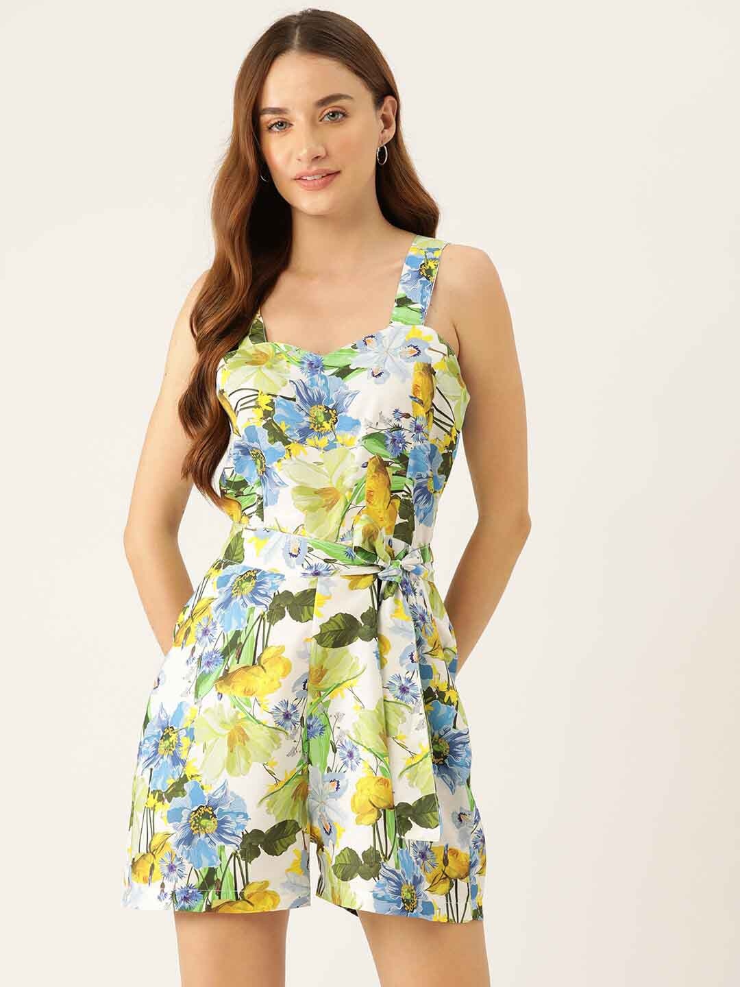 

Sleek Italia Floral Printed Sleeveless Tie Up Playsuit, White