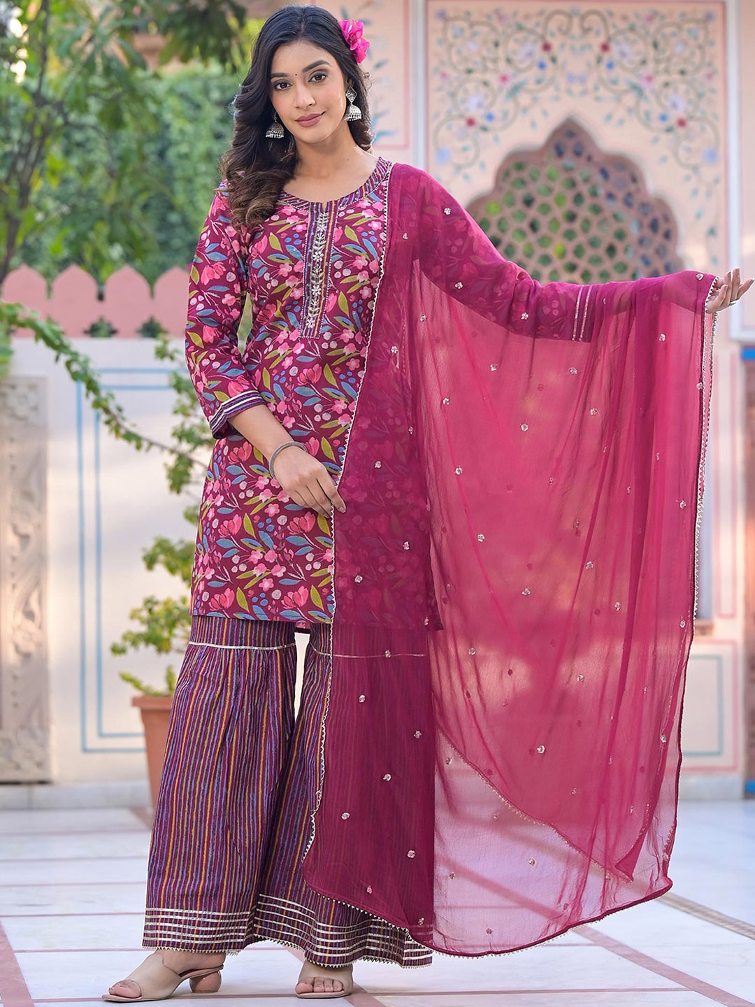 

Peachmode Floral Printed Kurta With Sharara & Dupatta, Purple