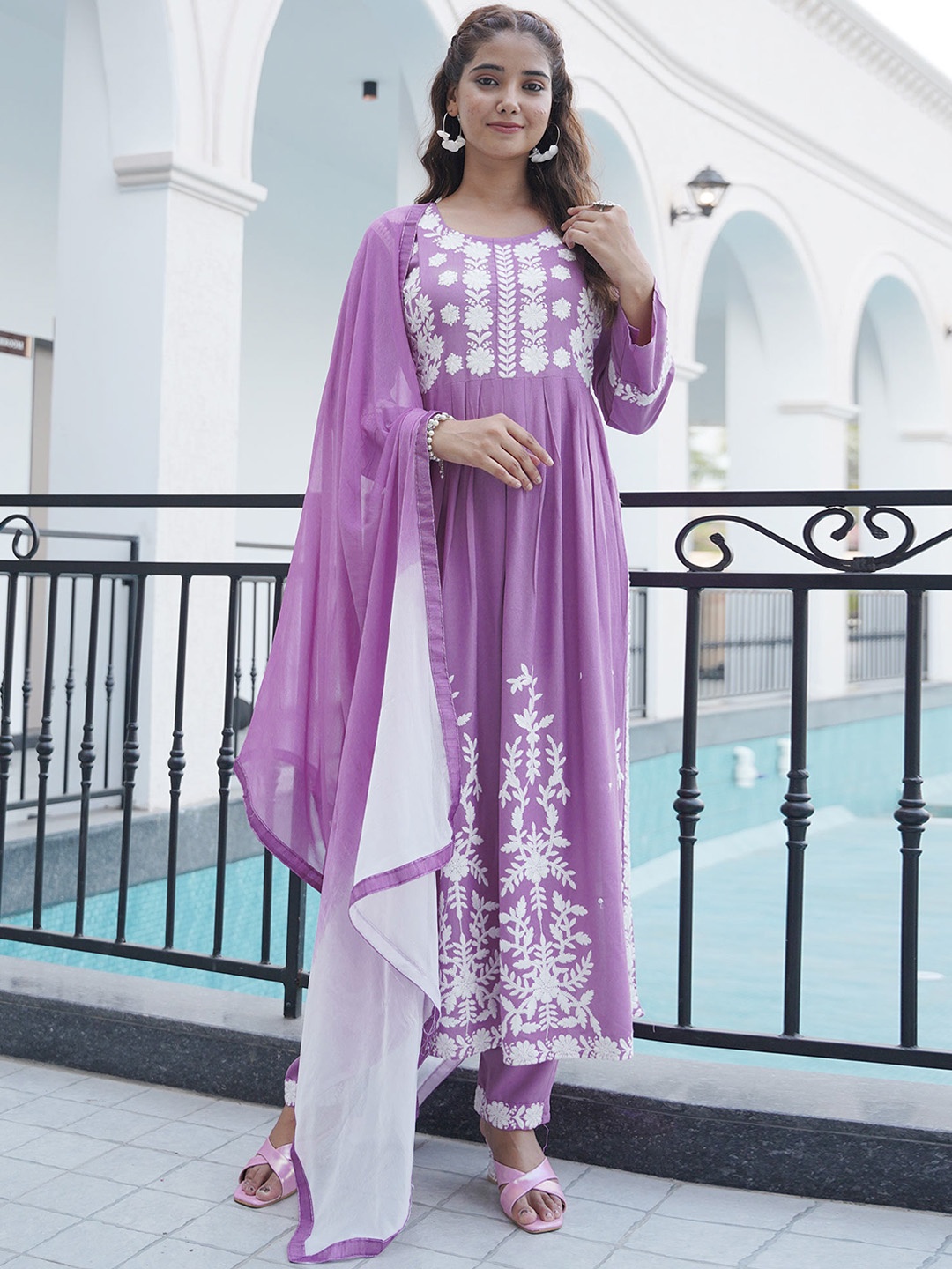 

Peachmode Floral Embroidered High Slit A-Line Kurta with Trousers & Dupatta, Purple