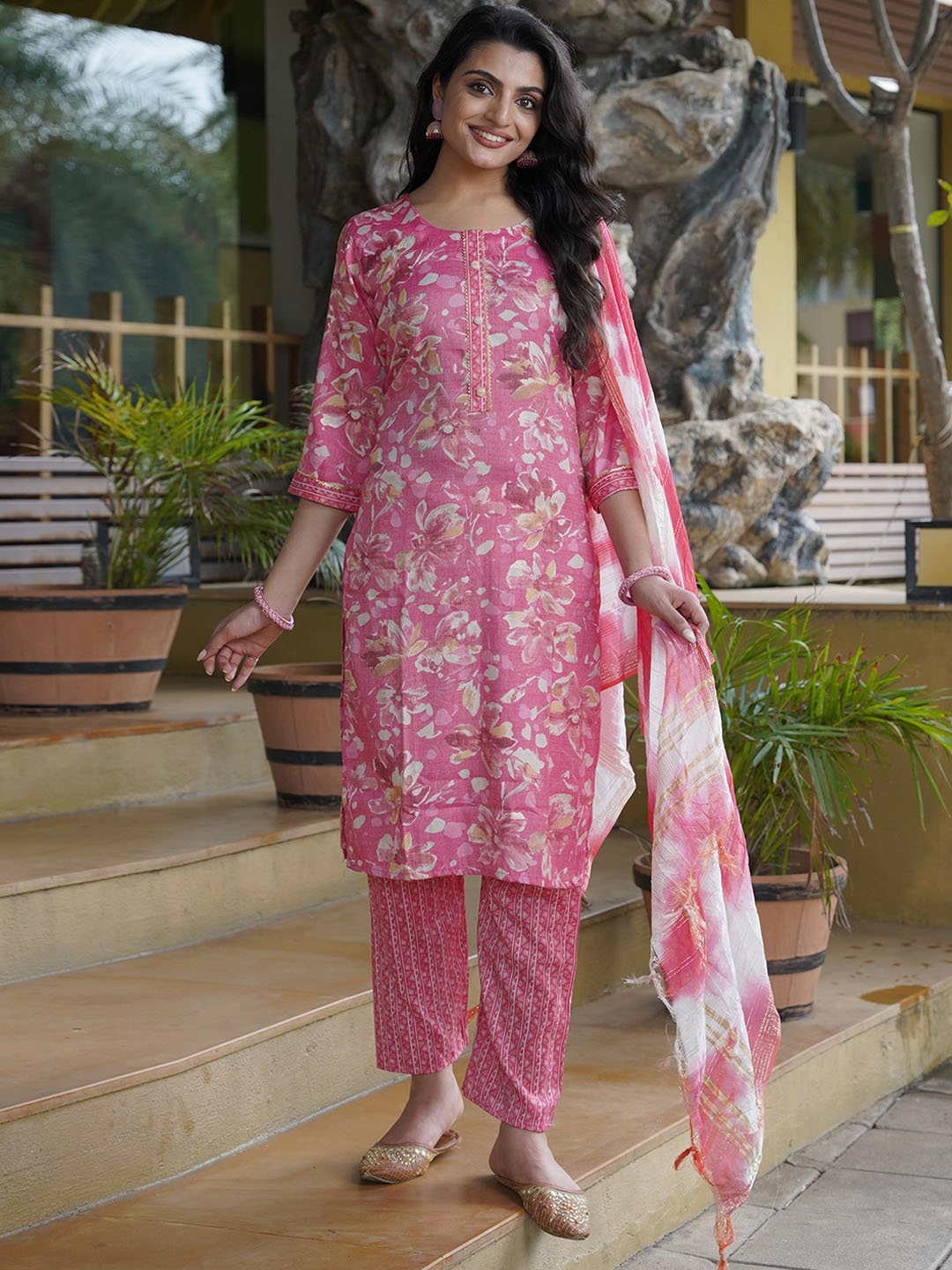 

Peachmode Floral Printed Gotta Patti Foil Print Straight Kurta With Trousers & Dupatta, Pink