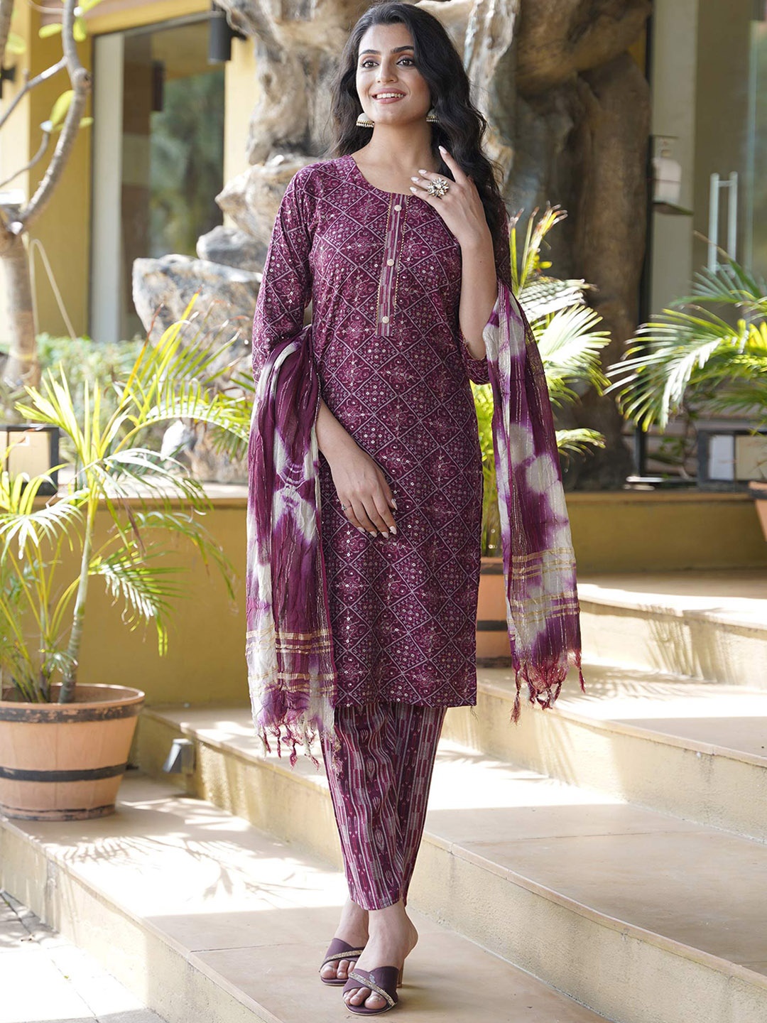 

Peachmode Ethnic Printed Regular Kurta with Trousers & Dupatta, Purple