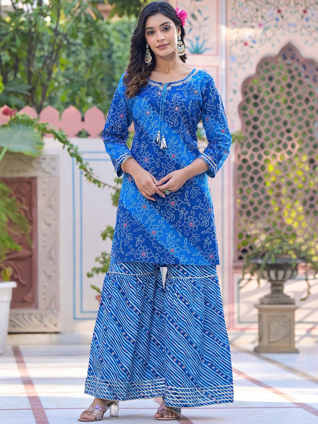

Peachmode Bandhani Printed Beads and Stones Pure Cotton Kurta with Sharara & With Dupatta, Blue