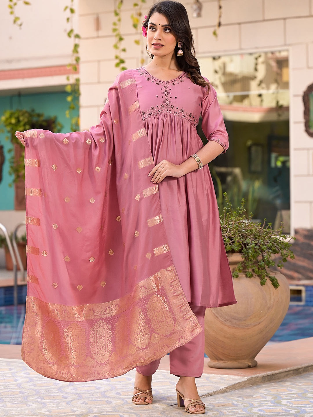 

Peachmode Ethnic Motifs Embroidered High Slit Mirror Work Kurta With Trousers & Dupatta, Pink