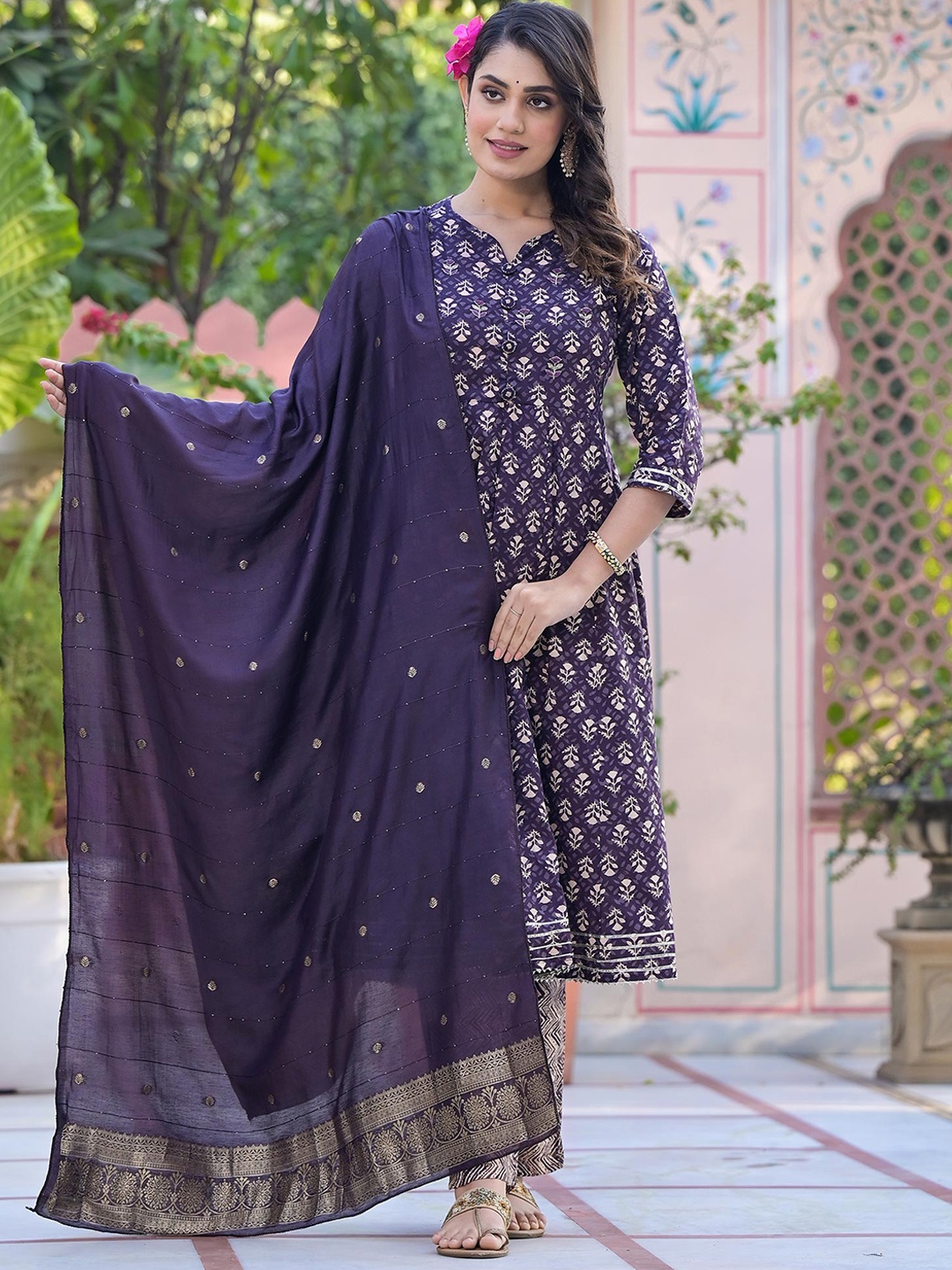 

Peachmode Floral Printed Regular Thread Work Pure Cotton Kurta With Trousers & Dupatta, Purple