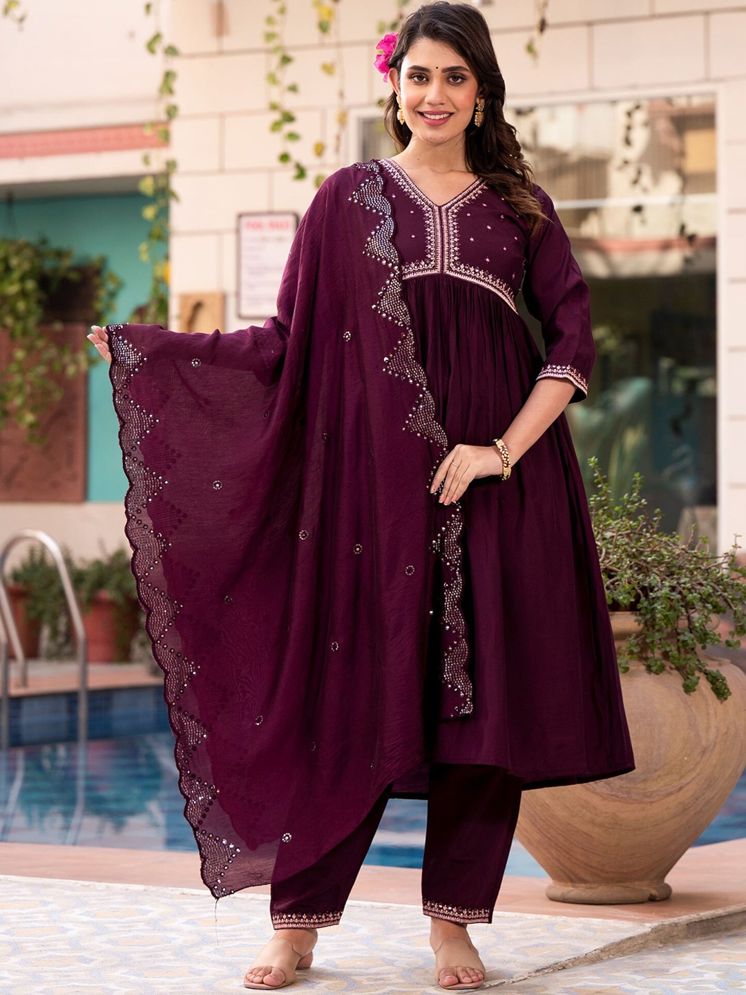 

Peachmode Ethnic Motifs Embroidered Kurta With Trousers & Dupatta, Purple