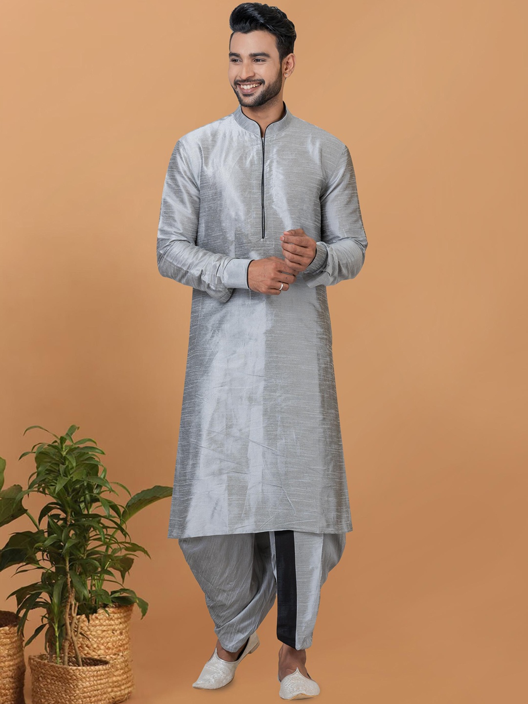 

ROOTED LIBAAS Mandarin Collar Straight Dupion Silk Kurta with Dhoti Pants, Grey melange