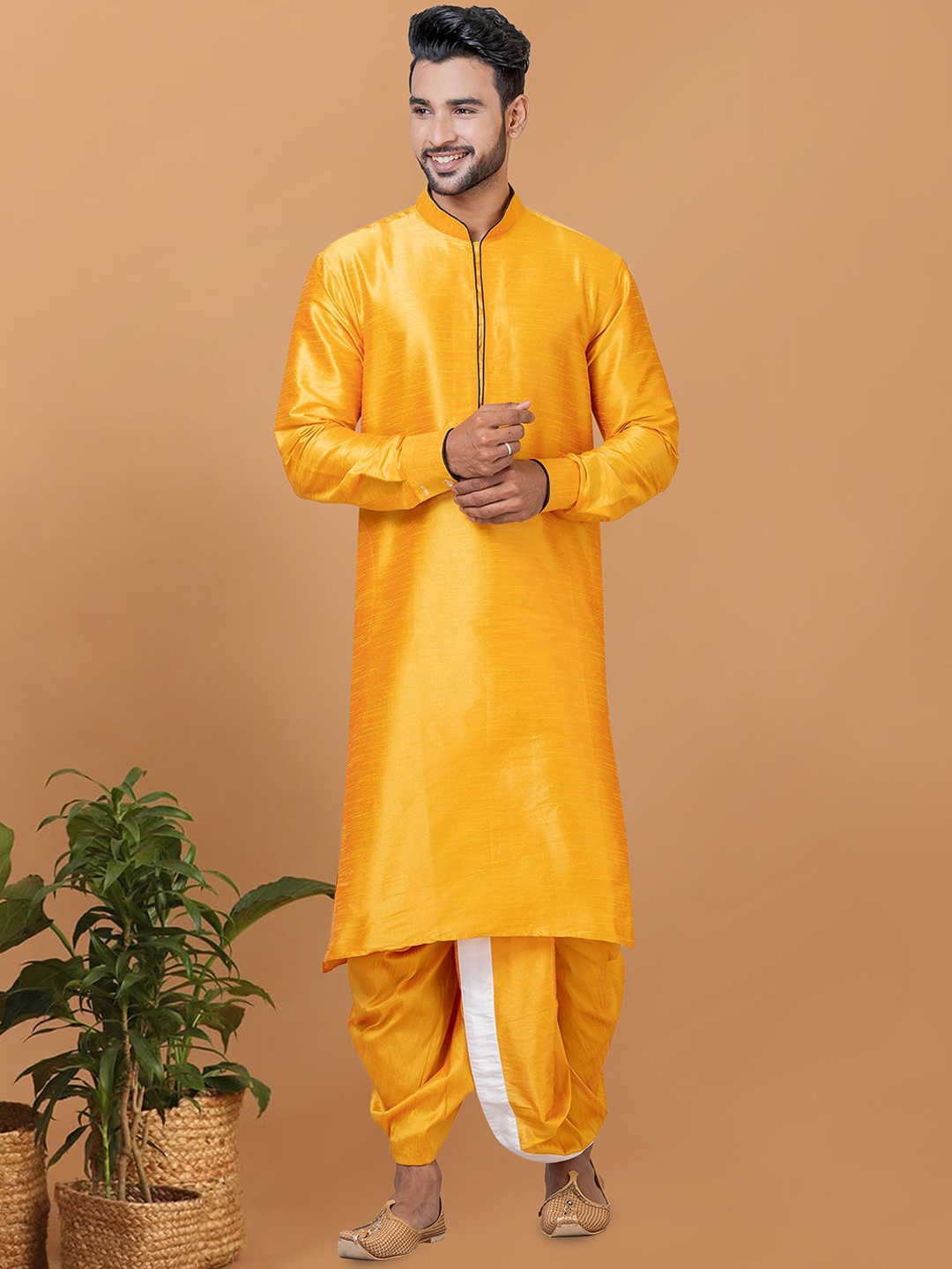 

ROOTED LIBAAS Mandarin Collar Long Sleeves Regular Kurta with Dhoti Pants, Mustard