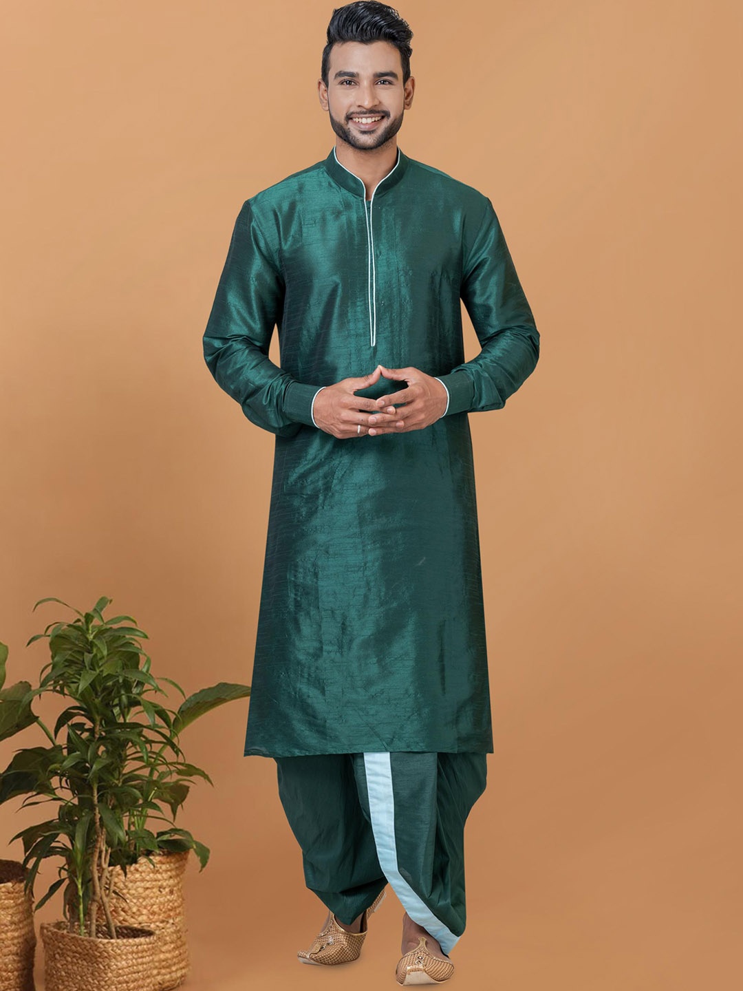 

ROOTED LIBAAS Mandarin Collar Dupion Silk Kurta with Dhoti Pants, Green