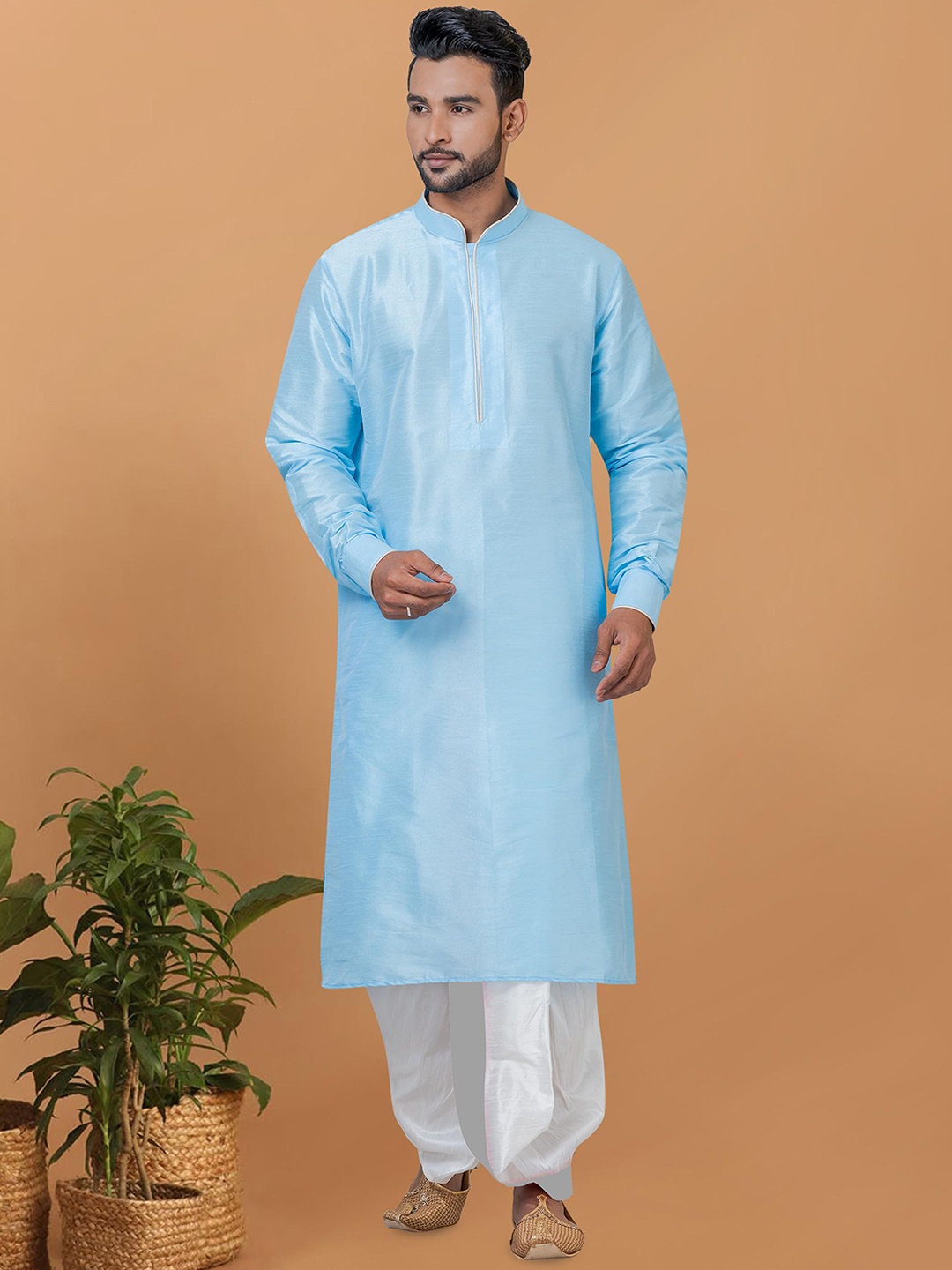 

ROOTED LIBAAS Mandarin Collar Dupion Silk Kurta With Dhoti Pants, Blue