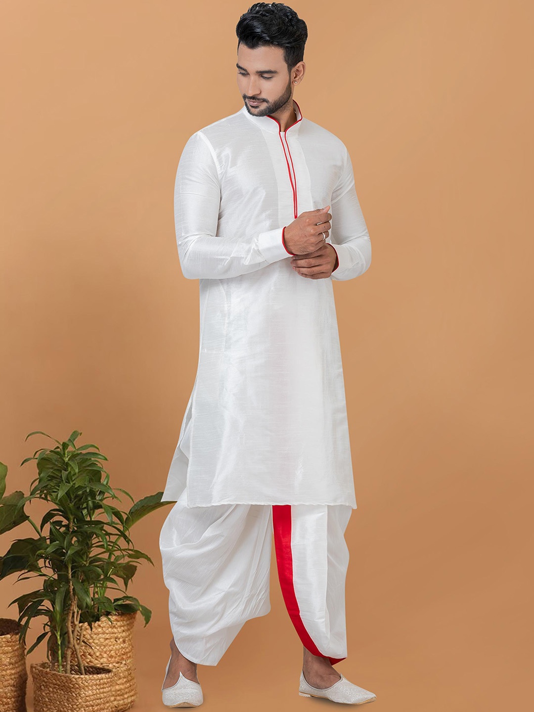 

ROOTED LIBAAS Mandarin Collar Dupion Silk Kurta With Dhoti Pants, White