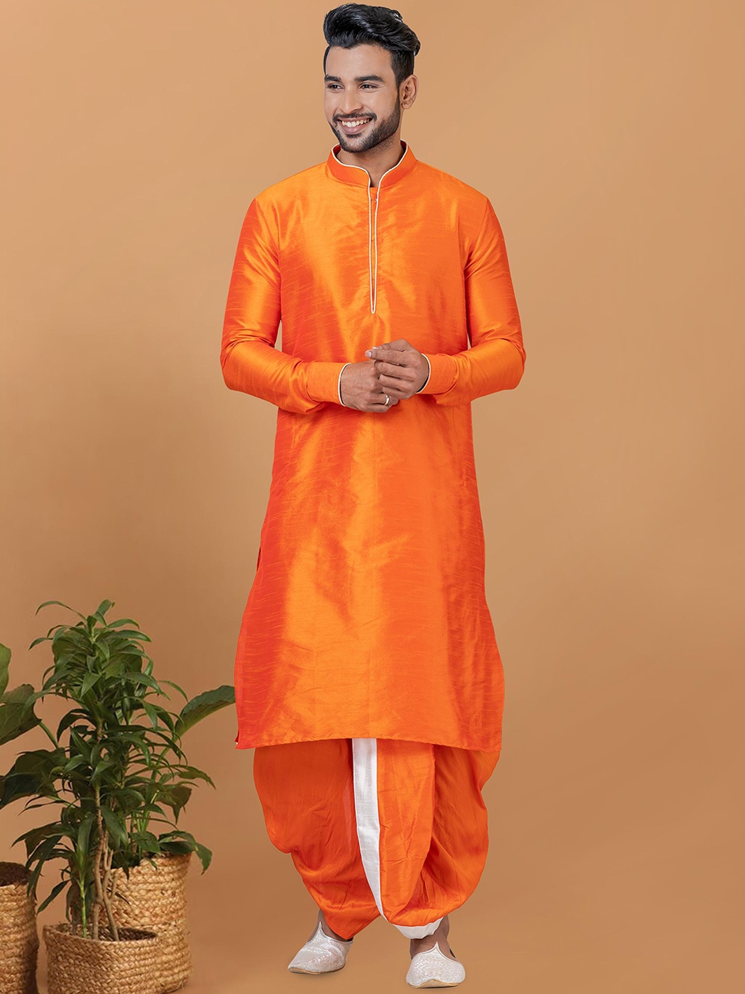 

ROOTED LIBAAS Mandarin Collar Dupion Silk Kurta with Dhoti Pants, Orange