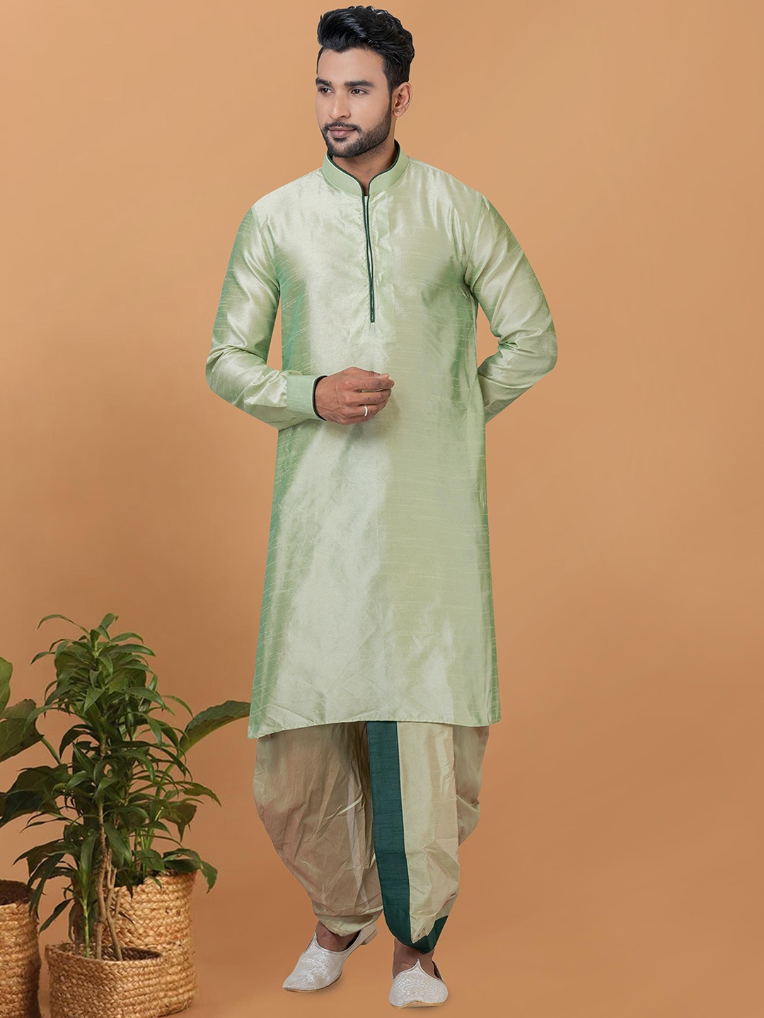 

ROOTED LIBAAS Mandarin Collar Dupion Silk Kurta with Dhoti Pants, Olive