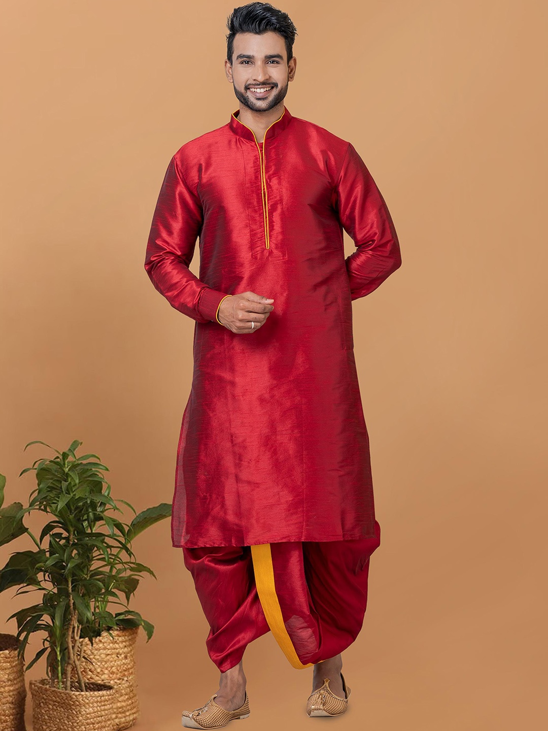 

ROOTED LIBAAS Mandarin Collar Dupion Silk Kurta with Dhoti Pants, Maroon