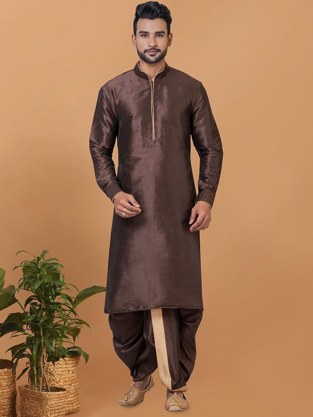

ROOTED LIBAAS Mandarin Collar Straight Dupion Silk Kurta with Dhoti Pants, Coffee brown