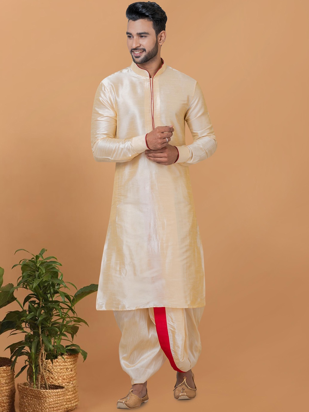 

ROOTED LIBAAS Mandarin Collar Straight Dupion Silk Kurta with Dhoti Pants, Gold