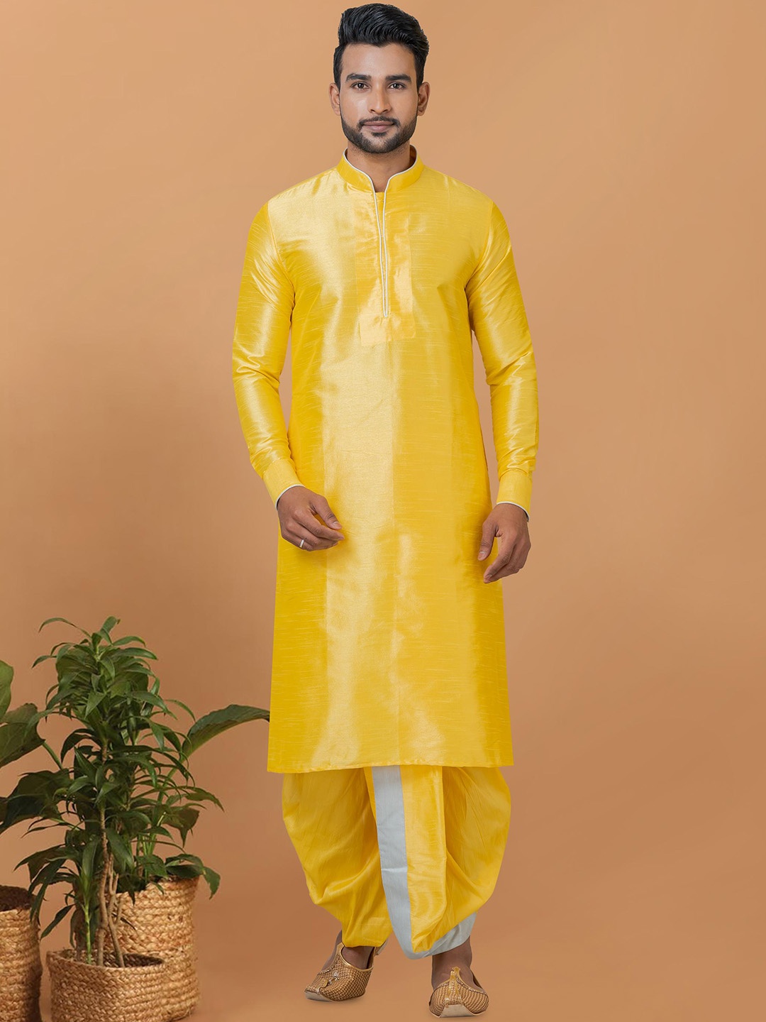 

ROOTED LIBAAS Mandarin Collar Long Sleeves Regular Kurta with Dhoti Pants, Yellow