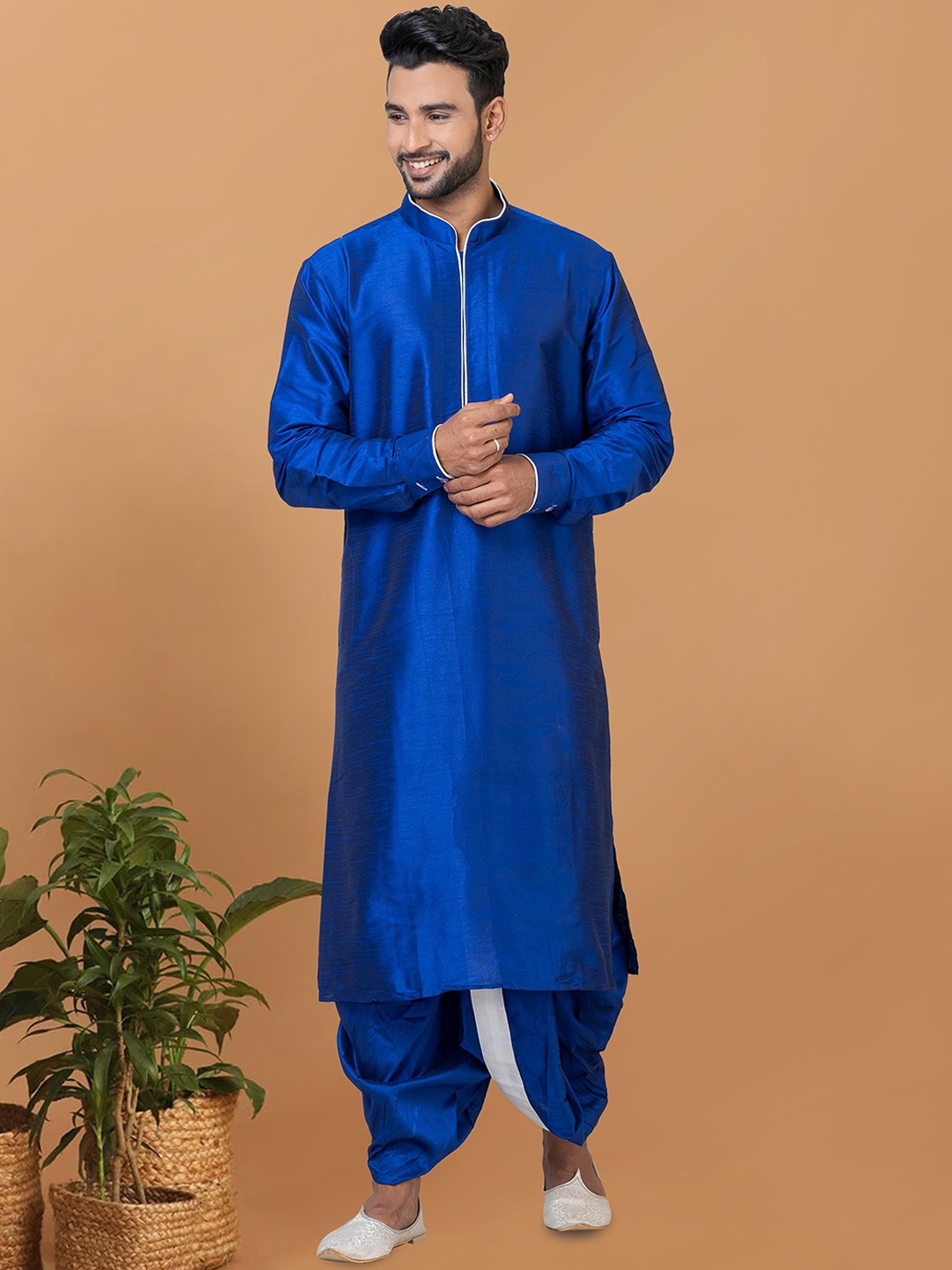 

ROOTED LIBAAS Mandarin Collar Long Sleeves Regular Kurta with Dhoti Pants, Blue