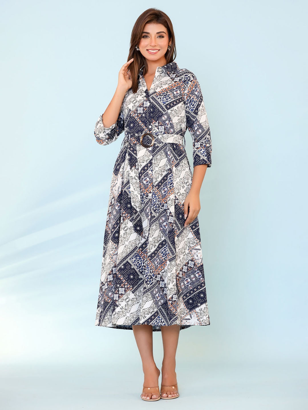 

FASHION DWAR Abstract Printed Shirt Collar Pure Cotton Fit & Flare Midi Dress, Blue