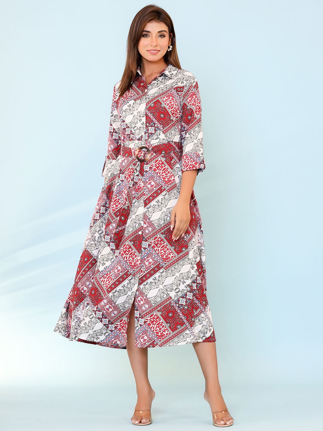 

FASHION DWAR Ethnic Printed Roll-Up Sleeves Belted Pure Cotton Shirt Style Midi Dress, Red