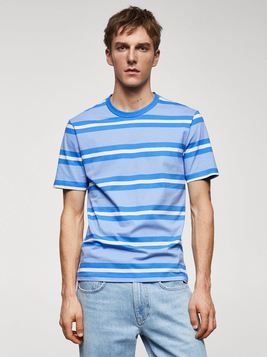 

MANGO MAN Striped Pure Cotton Slim Fit T-shirt, Blue