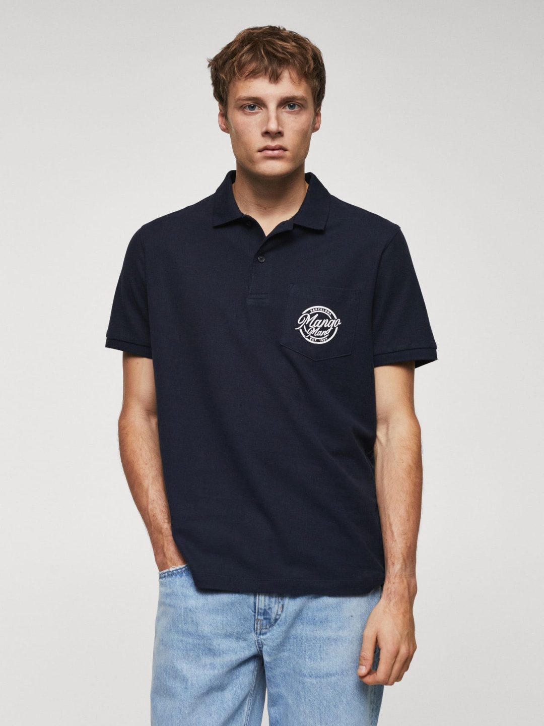 

MANGO MAN Pure Cotton Printed Pocket Polo Collar T-shirt, Navy blue