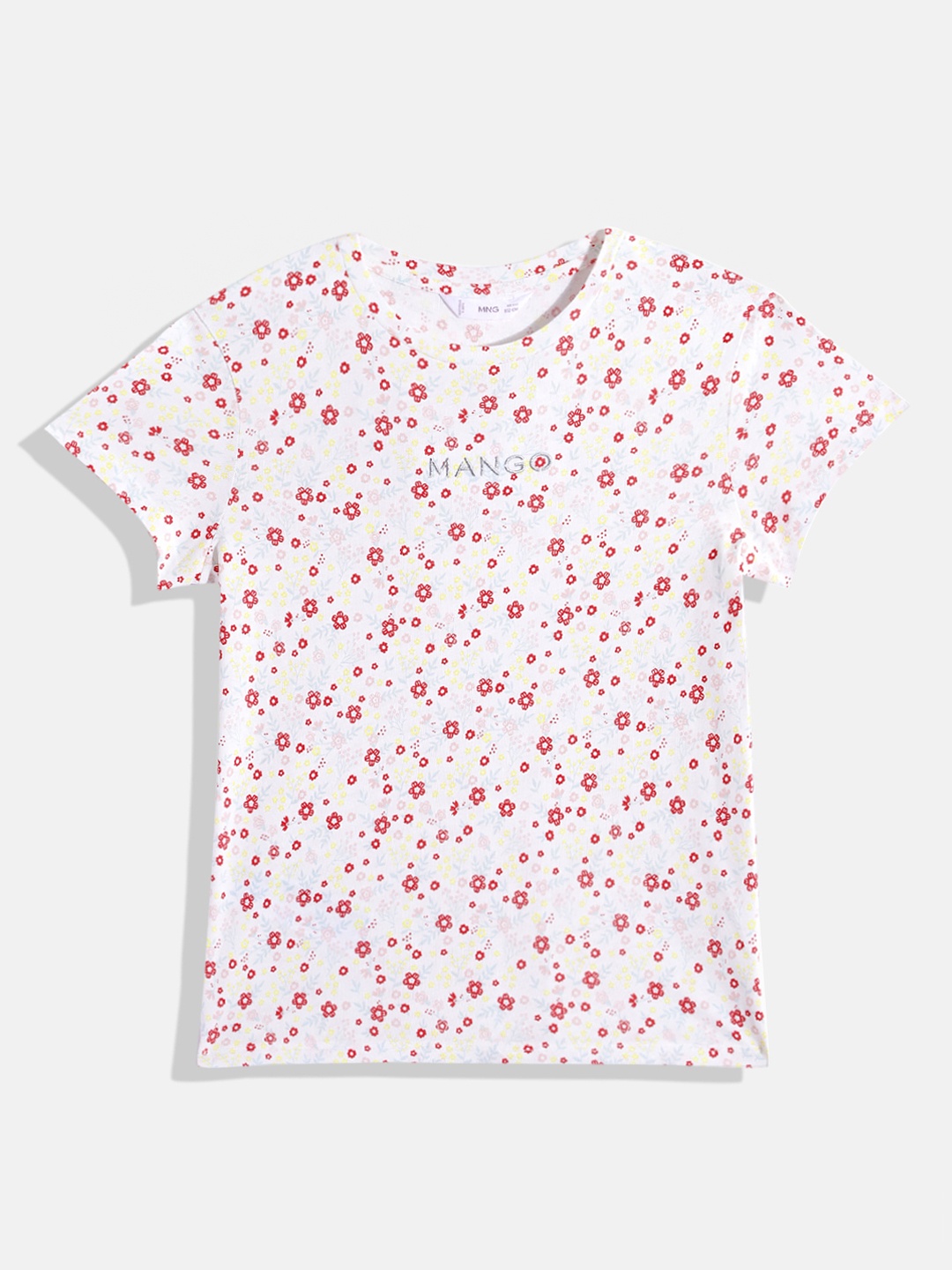 

Mango Kids Girls Floral Printed Round-Neck Pure Cotton T-shirt, White