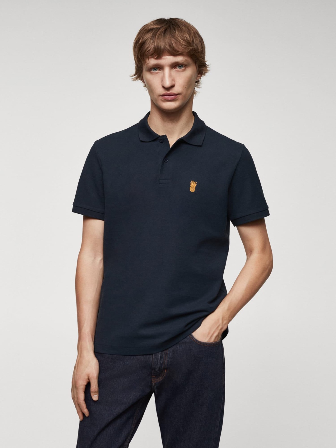 

MANGO MAN Pure Cotton Pique Polo Collar T-shirt, Navy blue