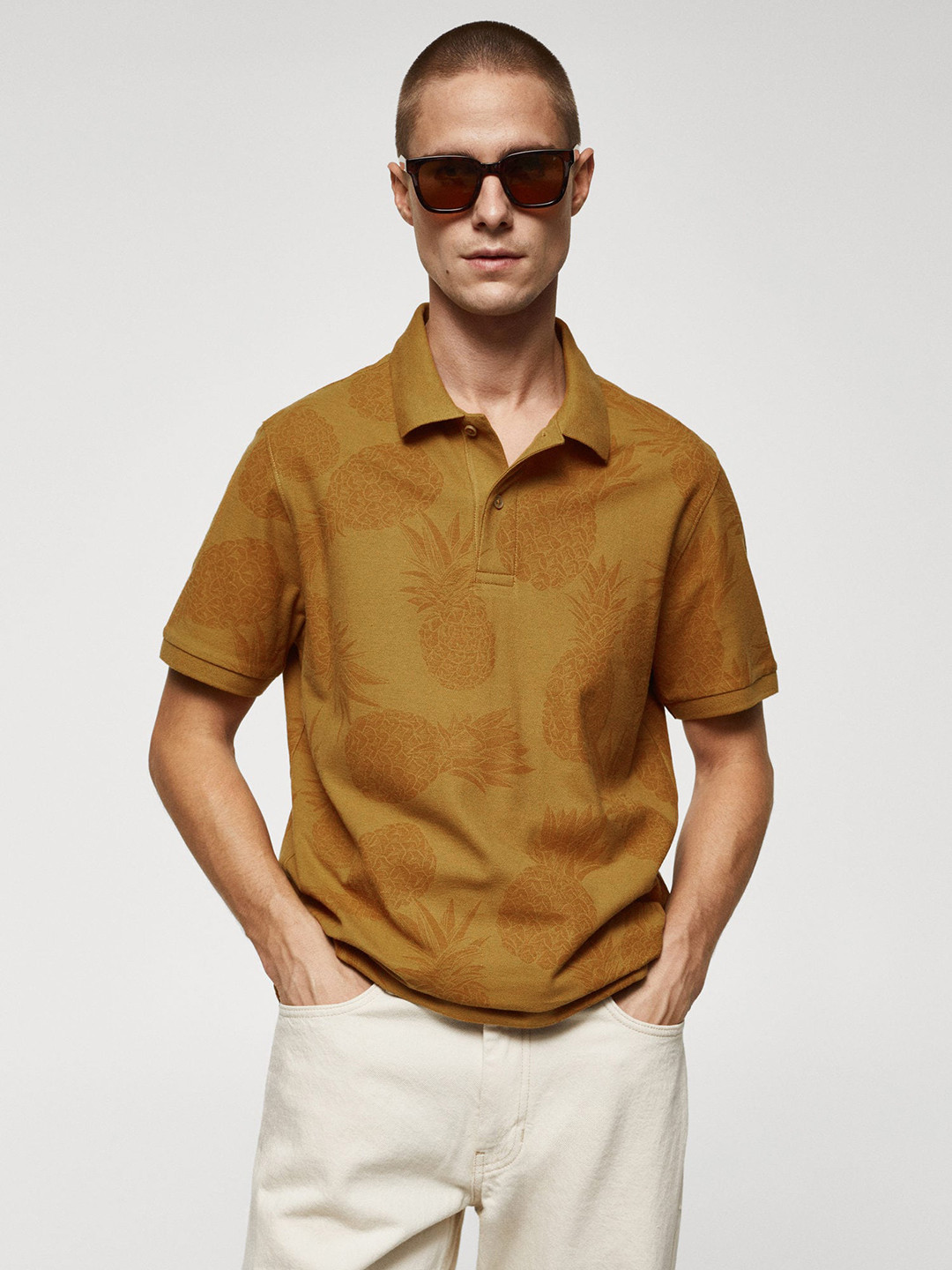 

MANGO MAN Tropical Print Pique Pure Cotton Polo Collar T-shirt, Mustard