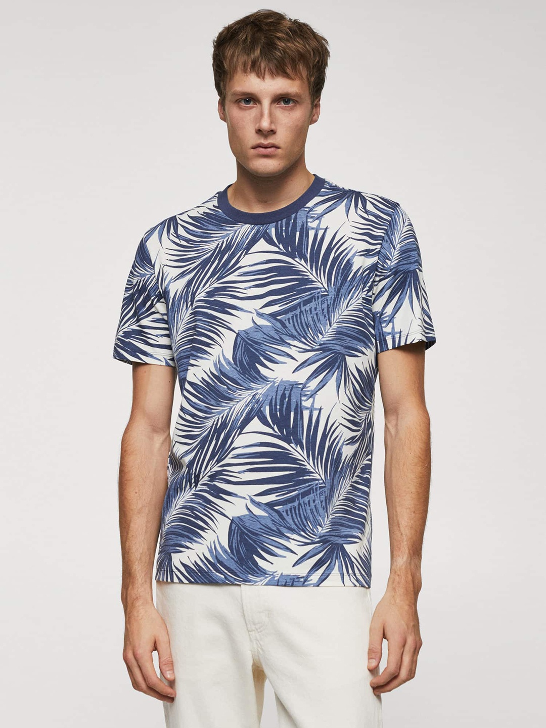 

MANGO MAN Floral Printed Pure Cotton Slim Fit T-shirt, Blue