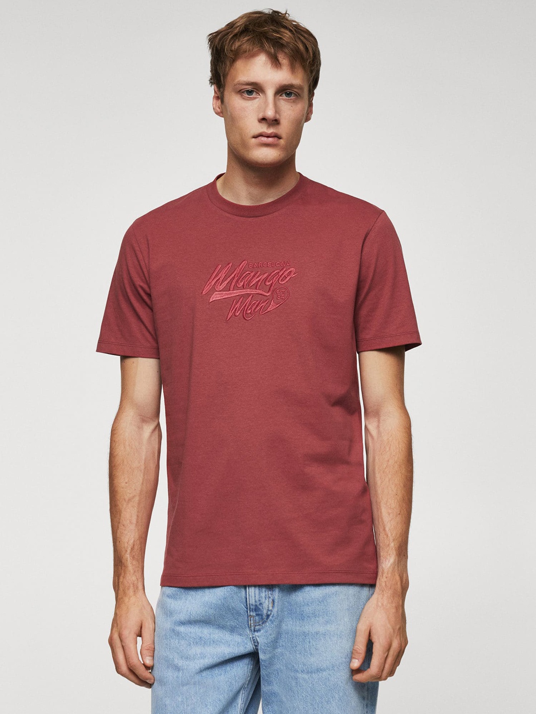 

MANGO MAN Brand Logo Pure Cotton Slim Fit T-shirt, Red
