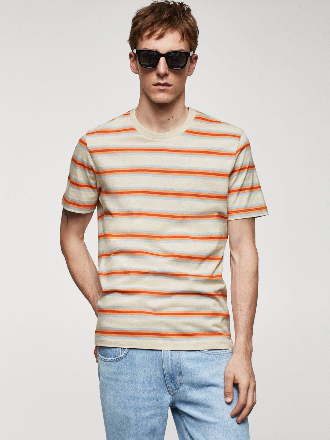 

MANGO MAN Striped Slim Fit Pure Cotton T-shirt, Beige