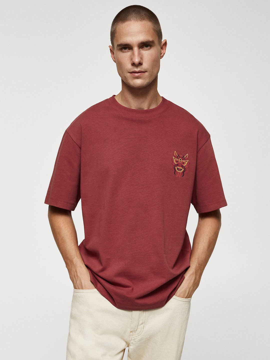

MANGO MAN Drop-Shoulder Sleeves Pure Cotton Slim Fit T-shirt, Red
