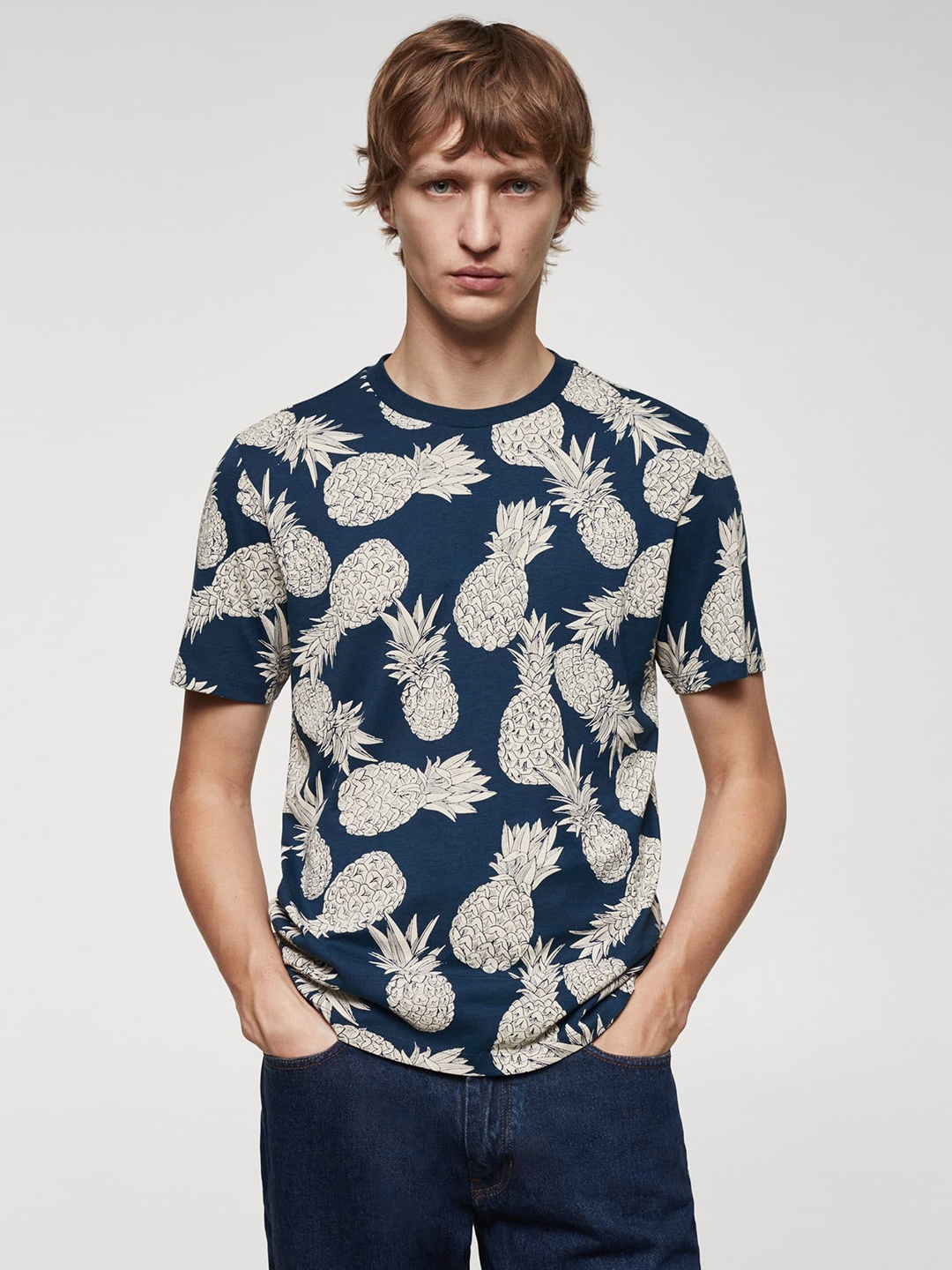 

MANGO MAN Pineapple Printed Pure Cotton Slim Fit T-shirt, Navy blue