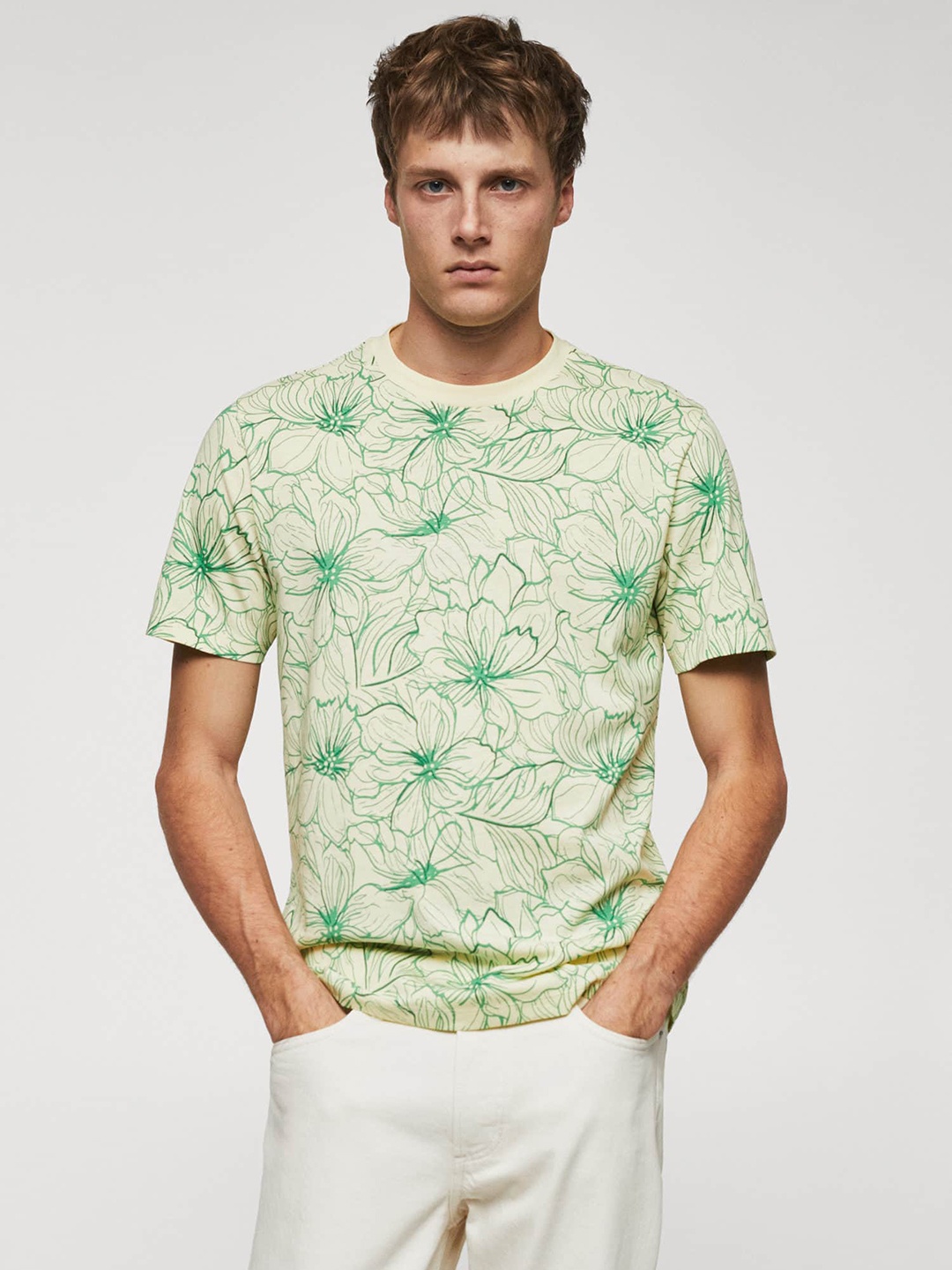 

MANGO MAN Floral Printed Pure Cotton Slim Fit T-shirt, Green