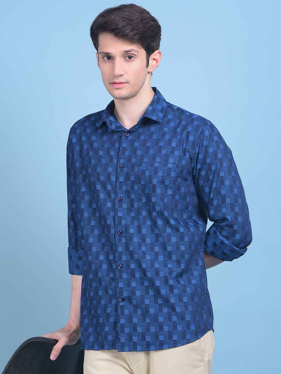 

Crimsoune Club Classic Slim Fit Geometric Printed Pure Cotton Casual Shirt, Navy blue