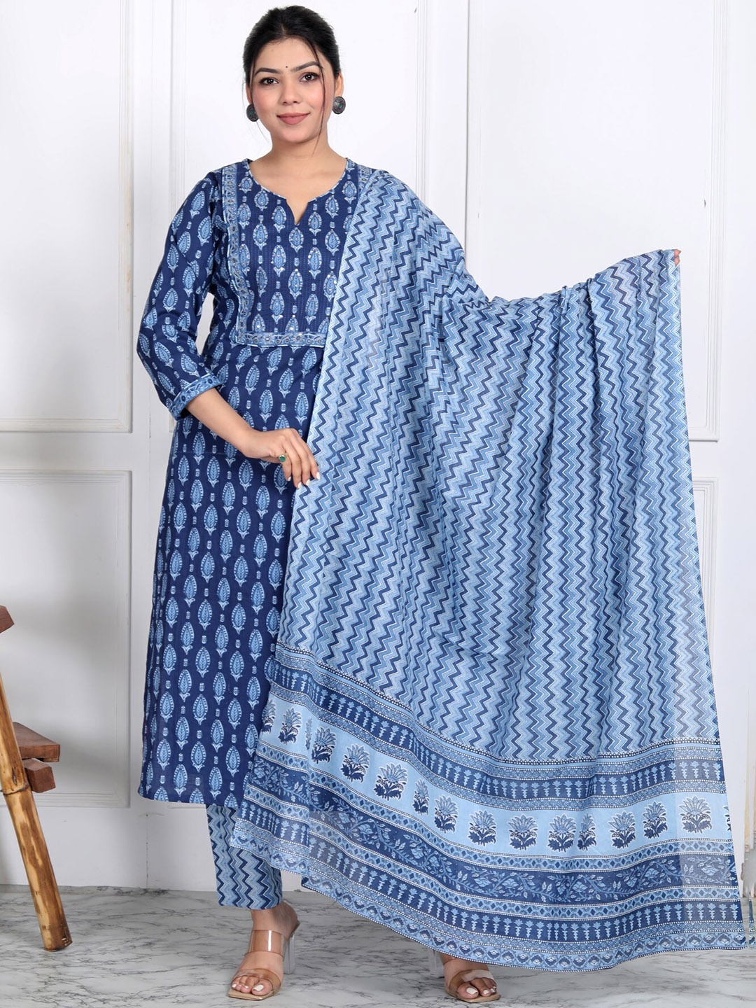 

KALINI Floral Printed Sequinned Pure Cotton Kurta with Trousers & Dupatta, Blue