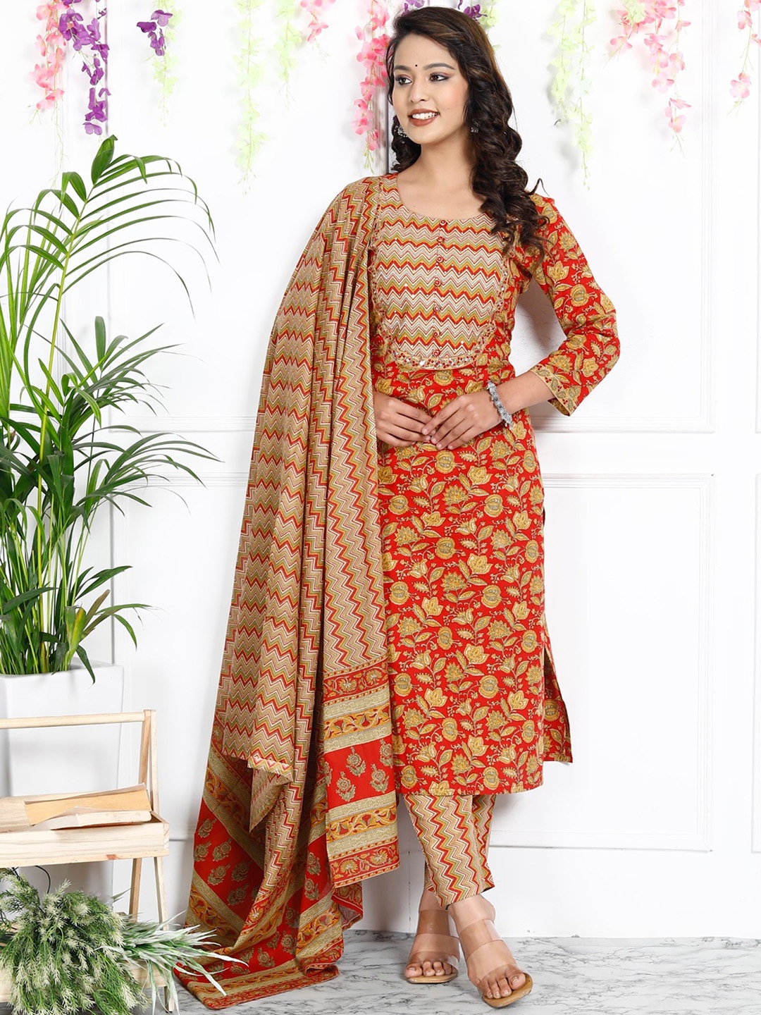 

KALINI Floral Printed Sequinned Pure Cotton Kurta with Trousers & Dupatta, Red