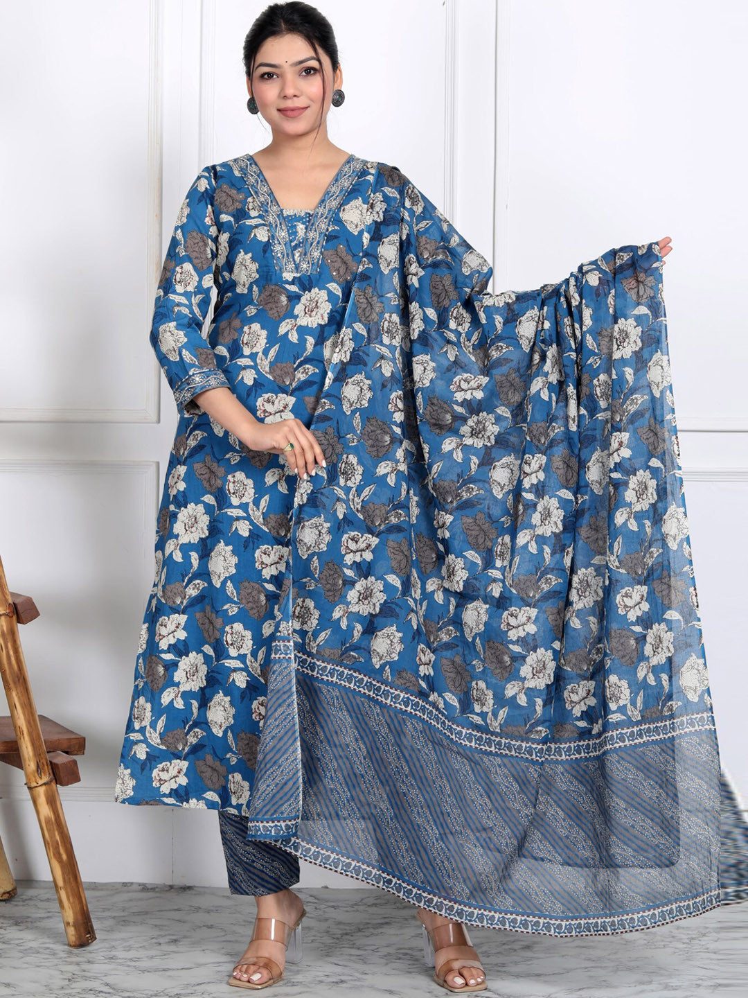 

KALINI Floral Printed Sequined Pure Cotton Kurta With Trouser & Dupatta, Blue