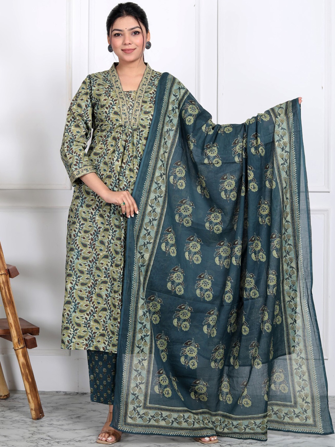 

KALINI Floral Printed Sequined Pure Cotton Kurta With Trouser & Dupatta, Green