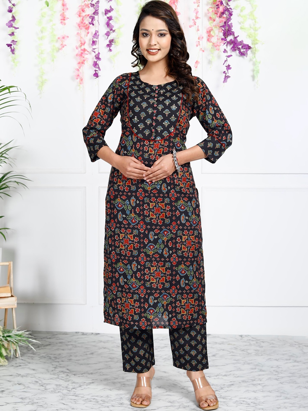 

KALINI Floral Printed Pure Cotton Kurta With Trousers & Dupatta, Black