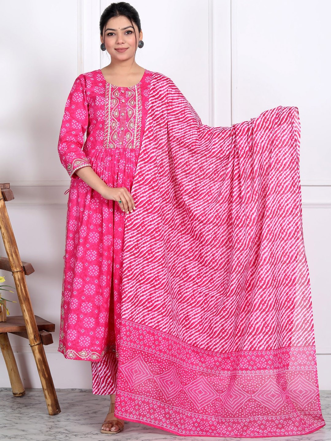

KALINI Floral Printed Thread Work Pure Cotton Kurta With Trouser & Dupatta, Pink