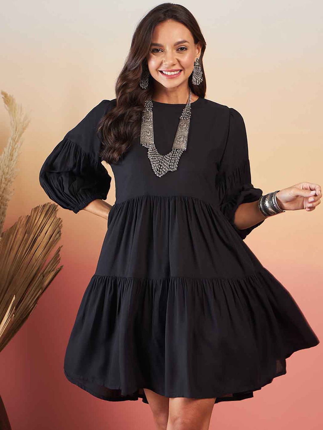 

InWeave Puff Sleeve Fit & Flare Dress, Black