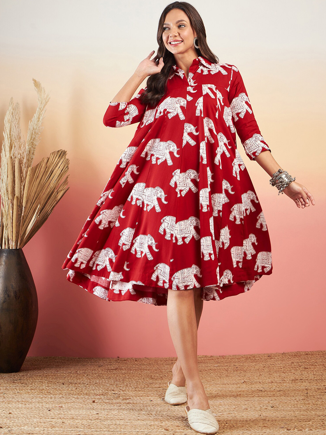 

InWeave Conversational Printed Shirt Collar A-Line Dress, Red