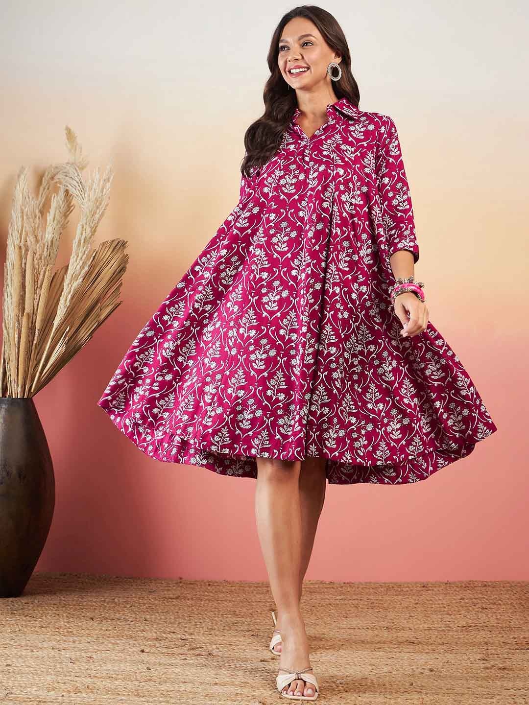 

InWeave Floral Printed Shirt Collar A-Line Dress, Magenta