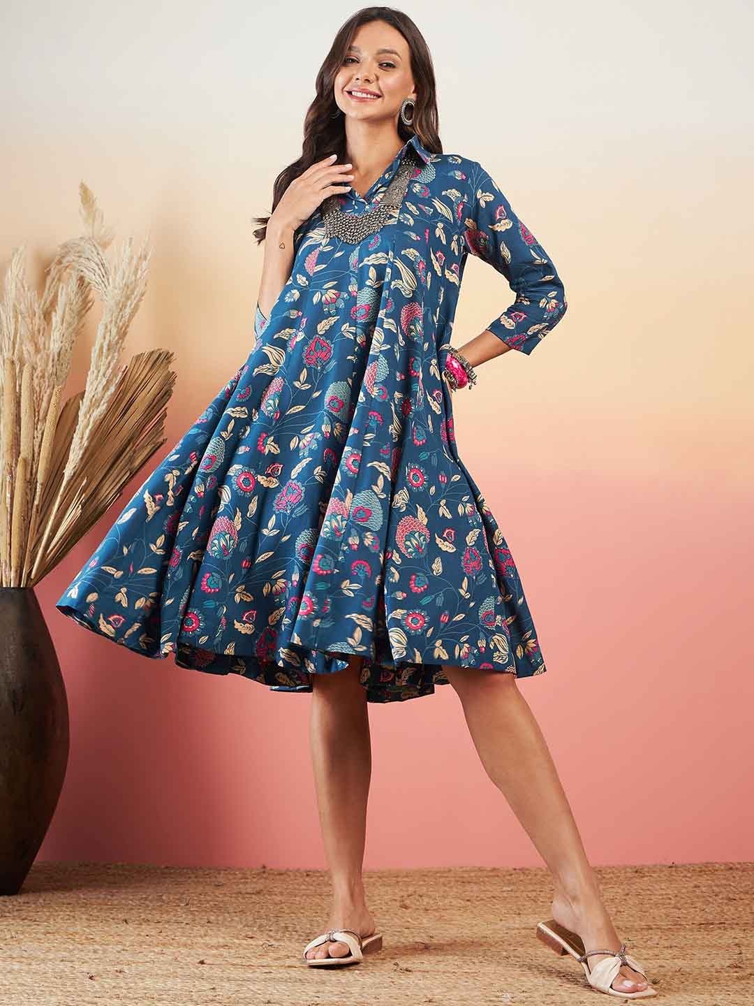 

InWeave Floral Printed Shirt Collar A-Line Dress, Blue