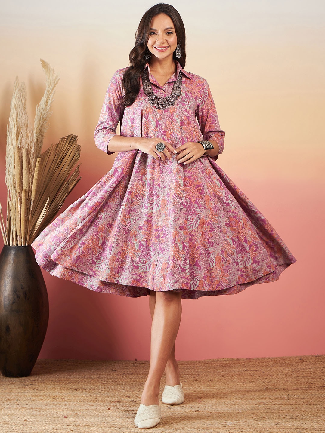 

InWeave Floral Printed Shirt Collar Fit & Flare Dress, Pink