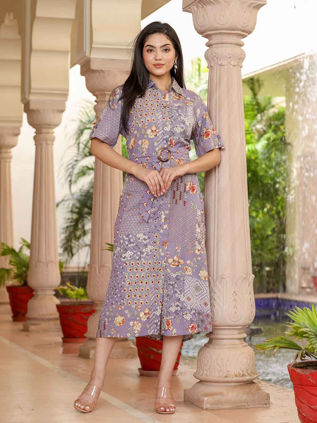 

FASHION DWAR Floral Printed Pure Cotton Shirt Midi Dress With Belt, Purple
