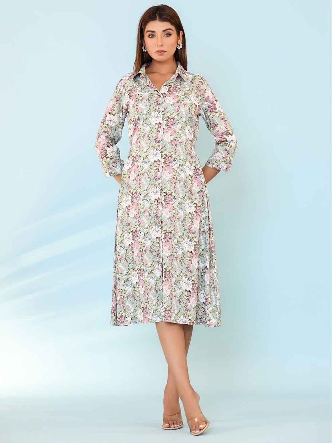 

FASHION DWAR Floral Printed Shirt Collar Pure Cotton Shirt Midi Dress, Green