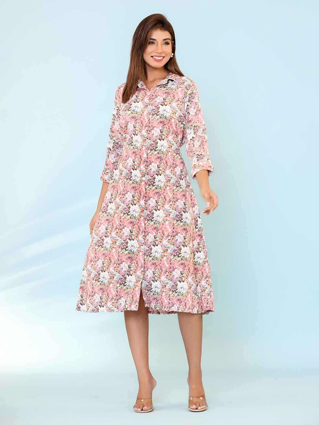 

FASHION DWAR Floral Printed Shirt Collar Pure Cotton Shirt Midi Dress, Pink